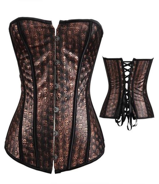 Crânios femininos impressos steampunk espartilho painéis pretos Moda PLAPA TAMANHO S6XL Overbust Laceup vintage PU Couro Brown Corset4068066