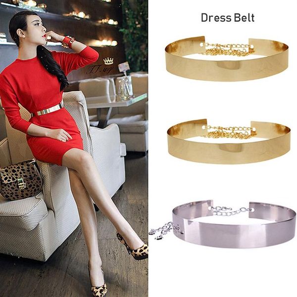 2019 Female Plate Cintura oro in metallo Gold Gold Metallic Wide Mirror Cinte di cinture a catena cintura per donna abbigliamento 267v