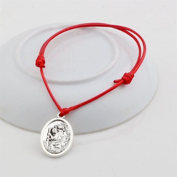 20pcs pulseiras ajustáveis ​​Ceras vermelhas corda Liga de prata antiga St Christopher Charme Pulseira ajustável B-31326p