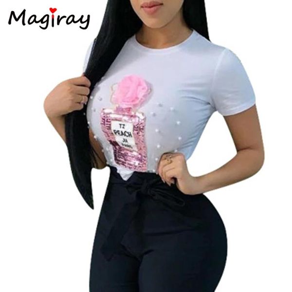 Jeans magiray perfume sexy t camisa feminina 2021 verão haruku coreano engraçado lantejoulas miçangas camiseta feminina única branca topos c123