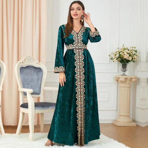 Этническая одежда сплит длинное платье Dubai abaya Luxury Velvet Women Winter Hoot с вышивкой Исламский V-образный вырезок Kaftan Jasper