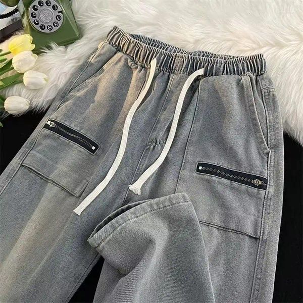 Herrenhosen koreanischer Stil Retro Multi-Techet Reißverschluss Design gewaschener nostalgischer Jeans Loose Casual Dad Tops Men Kleidung