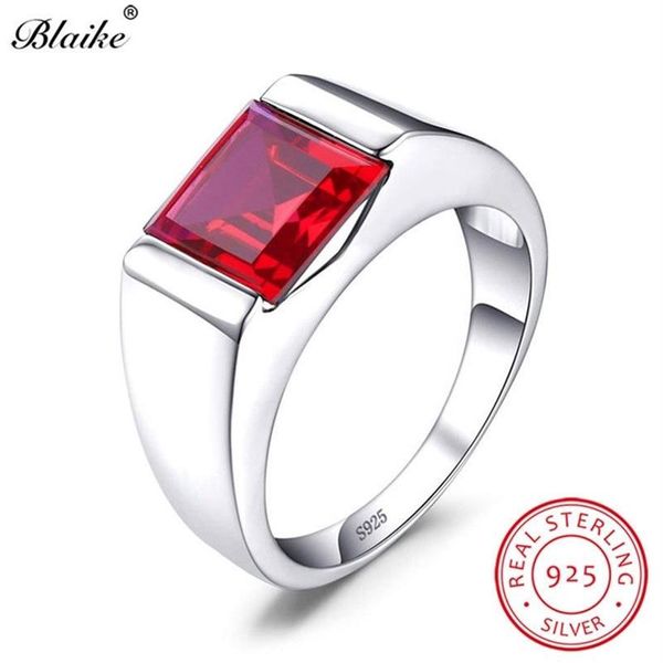 Boho Real S925 Sterling Silver Wedding Rings For Men Women Red Ruby Stone Square Zircon Anel de noivado masculino Jóias finas 20255V