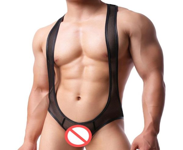 Sexy Men Black Mesh Bodysuit de bujão aberto Manuset Wresting Singlet Shapper Suspender Gay Teddies Nylon Transparent Bodysuit9448033