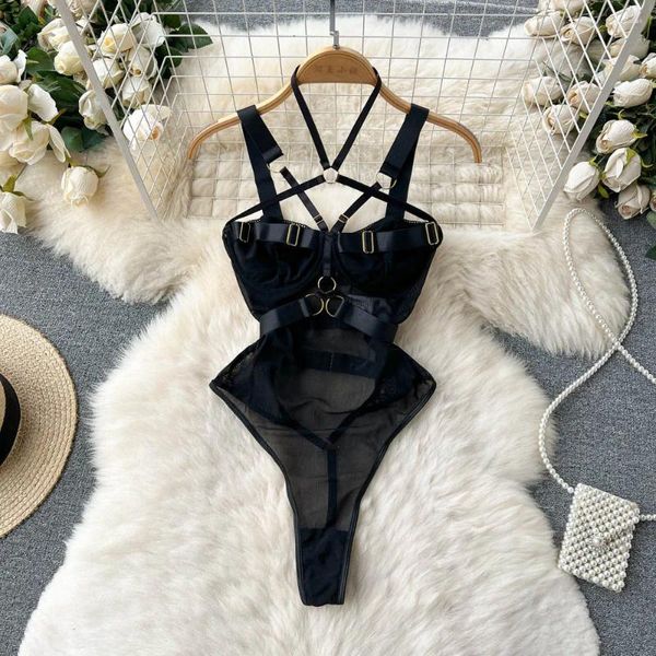 Desgaste do palco Cruz Pescoço pendurado Holcado Suspender Bodysuit de ajuste apertado Sexy High Fork Mesh One Piece Mumpsuit