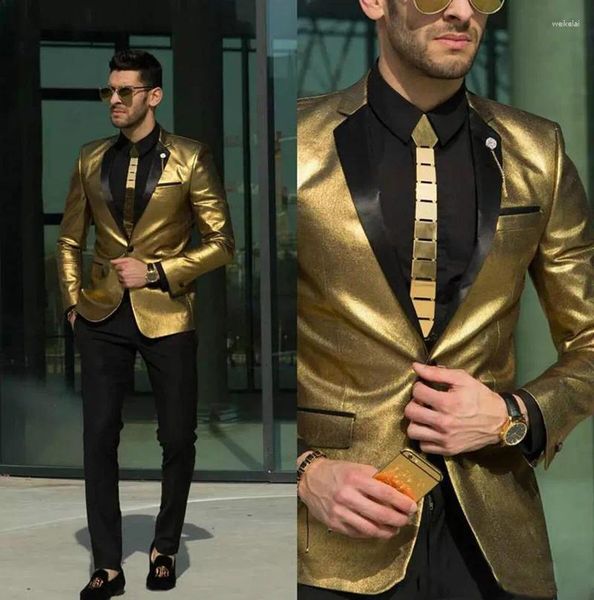 Erkek takım elbise altın altın sahne kostümü erkekler düğün smokin 2 pcs parti damat balo slim fit adam blazer ceket pantolon son özel özel set