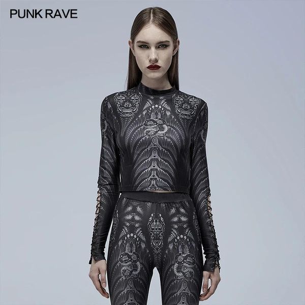 T-Shirt Punk Rave Damen Gothic Skeleton Print Mesh Slim sexy T-Shirt Punk Rock Schlangenmuster Dunkle Dünste Abschnitte kurze Tops