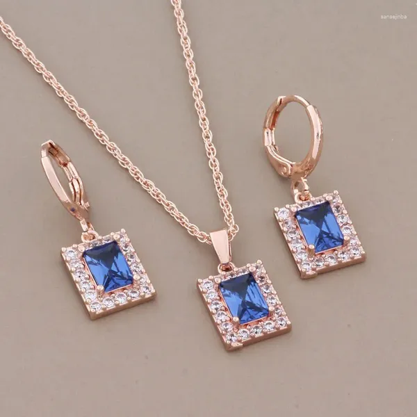 Halskette Ohrringe Set modische Roségold Farbhänge für Frauen Blaues Quadrat natürlicher Zirkon Luxusqualität Schmuck