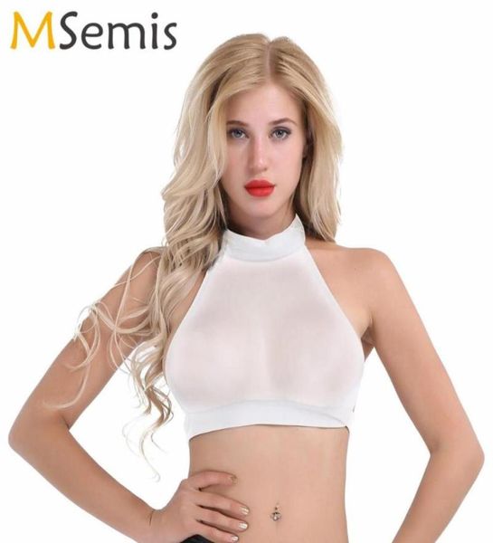 Bras setzt Frauen ärmellose Neckholder Crop Top Nightclub Pole Dance Sexy Rückenless Sheer Mesh Cami Bra Weste Transparent Rave Mini Teil8096966