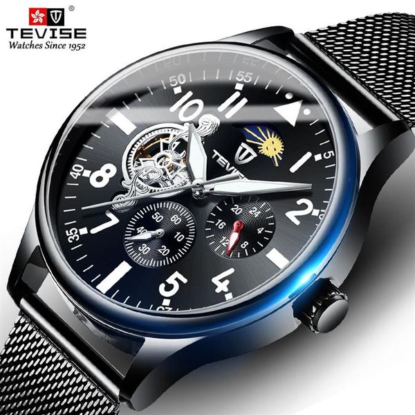 Nova chegada Tevise Men Menic Mechanical Watch Full Steel Tourbillon Wristwatch Fase Moon Cronógrafo Clock292J