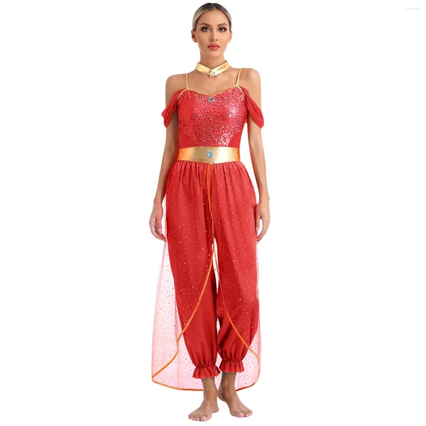 Bühne Wear Womens Fairy Tale Arabian Princess Cosplay Kostüm Themen Party Bauch Tanz Jumpsuit Tüll Tüll Bodysuit mit Chokerkragen