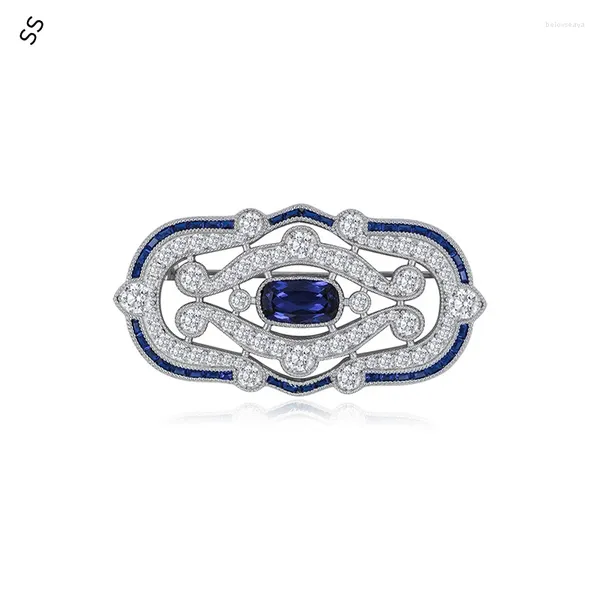 Broches Classic Hollow Blue Spinel Acessórios de vestuário sofisticados de pino de corpete Inclado à mão Gemstone 5A Zircão para feminino/masculino