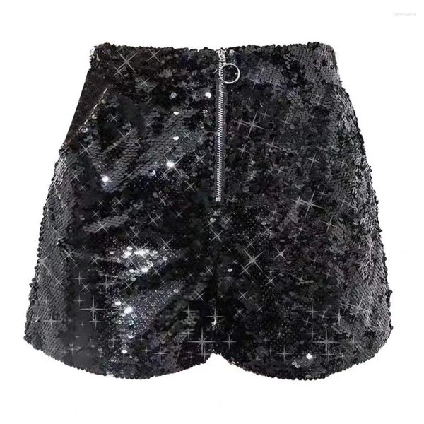 Damen-Shorts, elastische Taille, funkelnde Pailletten, für Damen, hoch, figurbetont, Party, Club, Festival, Tanz, mit O-Ring-Reißverschluss