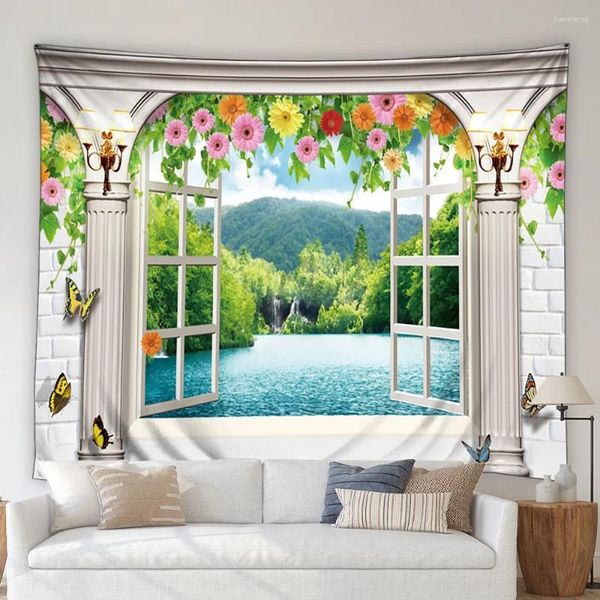 Wandteppiche 3D European Style Landing Wandtefenster außerhalb des Meeresblauer Himmels Wolken Pflanzenblume -Bildungsmuster Wohnzimmer Schlafzimmer Wand Hanging