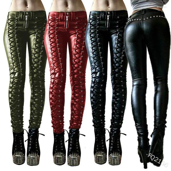 Kadın Pantolon Steampunk Kadınlar Sahte Deri Karnaval Sıska Sıska Düğme Pantolonları Kaya Serin Uzun Sokak Giydirme Siyah/Kırmızı S-5XL
