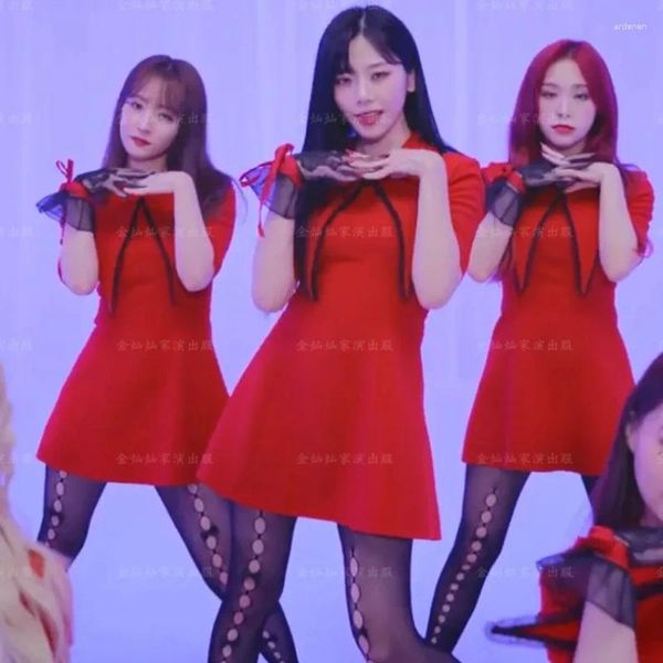 İş elbiseleri kpop caz dansçı kırmızı elbise kıyafeti kadın ponpon kız sahne kostümü seksi hip-hop sokak kıyafetleri Koreli kız grup ince dans giyim