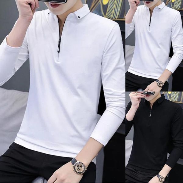 Camisetas masculinas masculas casuais zip de pescoço blusa de manga longa de manga longa camiseta formal diariamente l-3xl