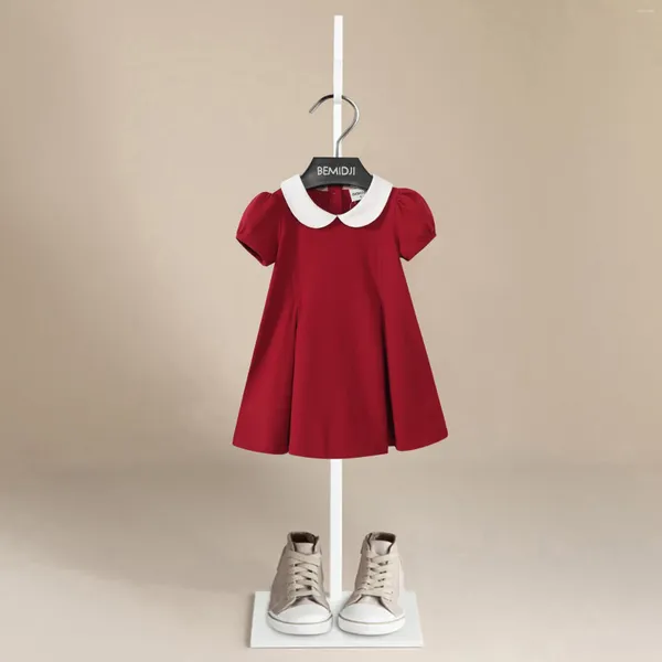 Vestidos garotas garoto de botão vermelho design de manga curta colar de boneca de crianças vestido redonda redonda respirável slim fit A-line Roupas de garotas