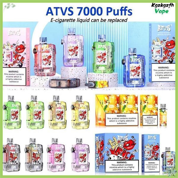 ATVS ATVS de ATVs ATVS 7K Puffs Vape descartável Tela inteligente Exibição Battery Stick King Carburador Cartuchos substituíveis Puff 7000 Vaper