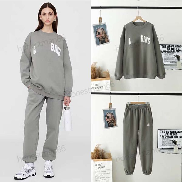 Donne 24ss Bing Seldette Lettera ricamata Grigio grigio Pantaloni da maglione a collo rotondo sciolti impostati per nuove donne designer di donne con cappuccio di cotone in cotone con cappuccio di cotone