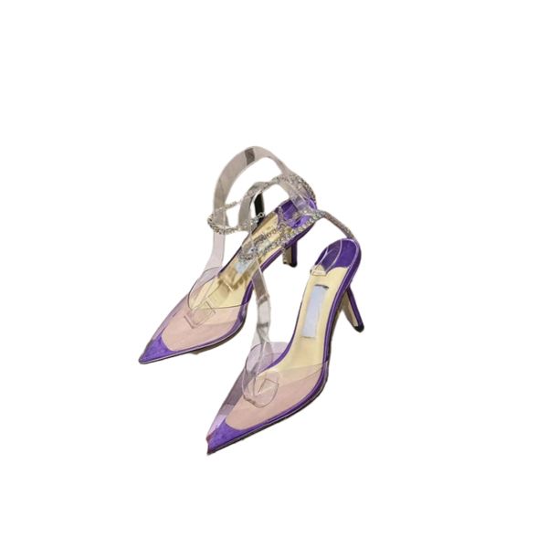 İlkbahar/Yaz 2024 Rhinestone Zinciri Yüksek Topuk Ayak Parmağı Mor Sandal Stiletto Fransızca Seksi Ziyafet Ayakkabıları