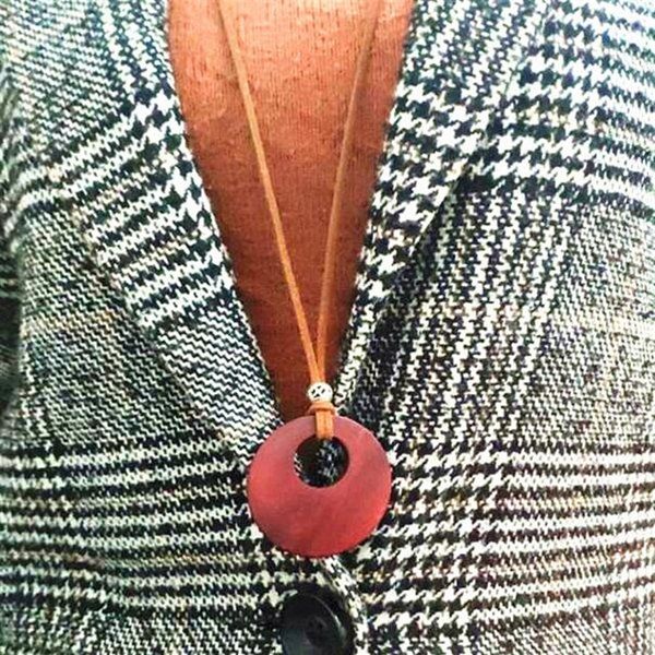Pingentes de círculo de madeira dupla colares da cadeia de suéter longa vintage simples cordão de couro selvagem, homem, mulheres feitas artesanais joias 15pcs272p