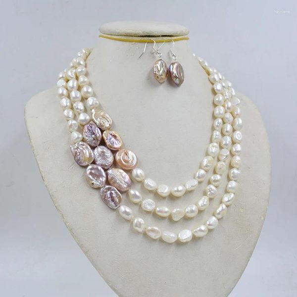 Серьги ожерелья устанавливают 3 ряда 9 -мм натуральное белое барочное жемчужное ожерелье/набор сережек. 18-25 