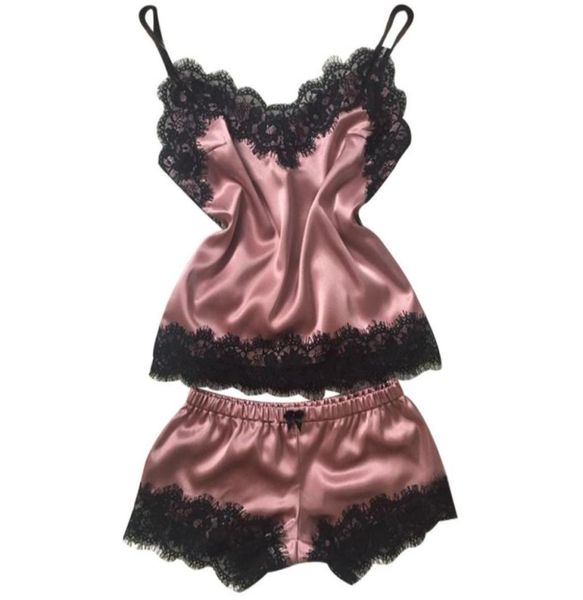 FashionWomen039s Nachtwäsche Sexy Satin Set Black Spitze Vneck Pyjama ärmellose süße Cami Top und Shorts4468248