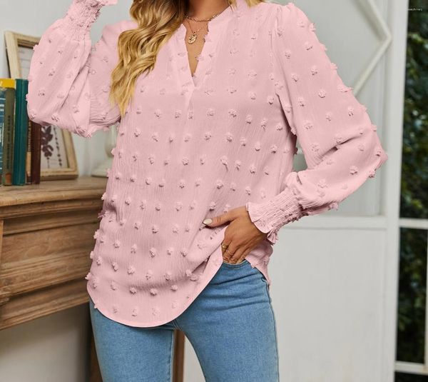 Kadınlar için Kadın Bluzları Moda çok yönlü sonbahar sonbahar katı nokta uzun kollu kabarcık v yaka gömlek üst 2023 y2k giysileri