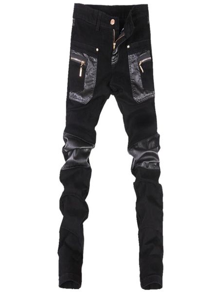 Ganze koreanische Stil coole Fashion Herren Punkhose mit Leder -Reißverschluss schwarze Farbe enge SKenny Plus Size 33 34 36 Rockhose2242467