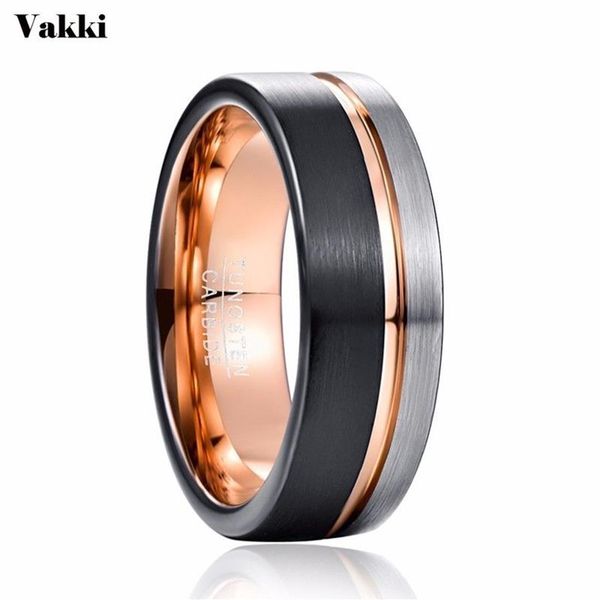 Vakki Men 8mm Ring Tungsten Anello Black Rose Gold Bage di fidanzamento per la festa di fidanzamento da uomo Bague Homme224i
