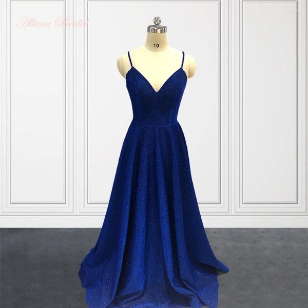 Vestidos de festa Blue Royal Prom 2023 Para mulheres elegantes espaguete com alças em Vins formais de noite em V com bolsos