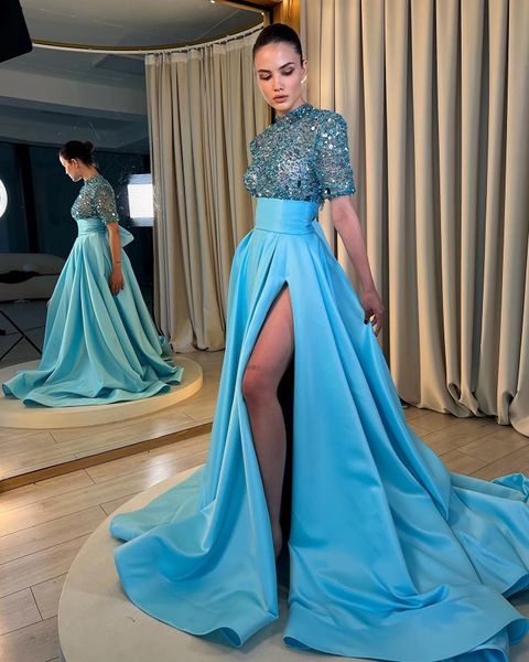 Fashion Lake Blue A-Line Evening Kleid 2024 hohe Nacken Kurzarm Pailletten Kristall Long Prom Geburtstag formelle Kleider Robe de Soiree Casamento