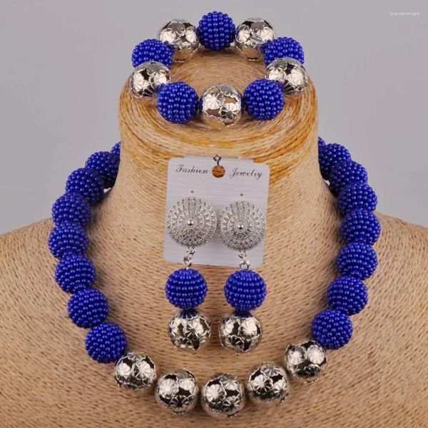 Orecchini di collana set alla moda nigeria gioielli per matrimoni africani accessori blu royal imitazione perla set-xk-02