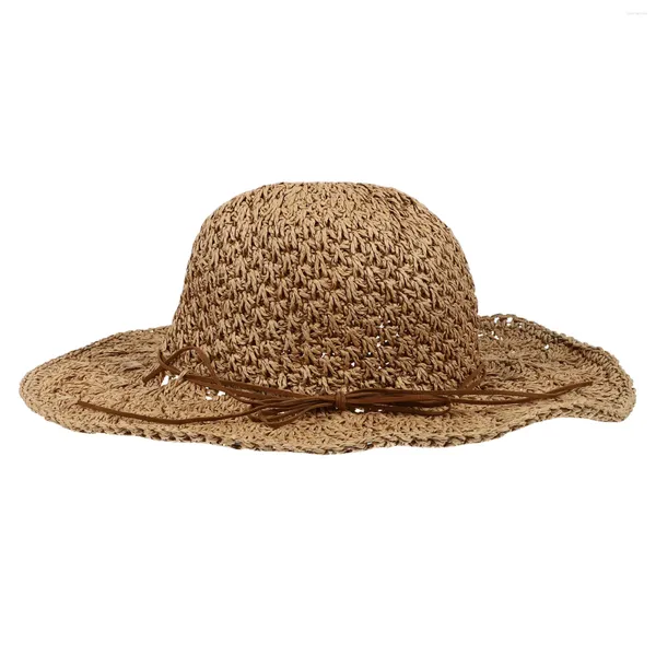 Berets Frauenfaltbare handgefertigte Papierstrohhut mit breiter Krempe Sommer Beach Sun Dloppy Hüte (Khaki)