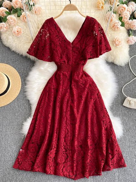 Kleider Sommer rot/blau/gelbe Spitzenkleid Frauen sexy vneck kurze Ärmel hohe Taille Aline Vestidos weibliche elegante Urlaubsrobe