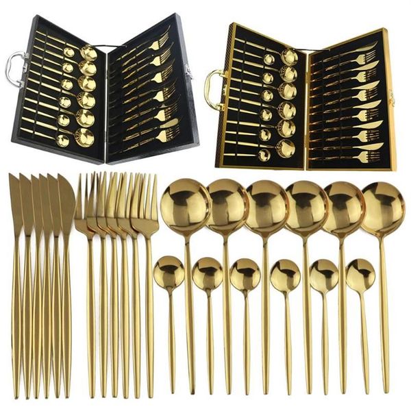 24PCS Gold Dinnerwaren Set 18 10 Edelstahl -Wohnung Lnife Fork Löffel Cutlery Kitchengeschirr Silber mit Geschenkbox2650