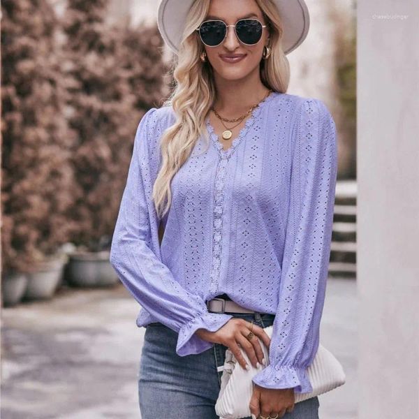 Frauenblusen Frühlings- /Herbst Frauen V-Ausschnitt Spitze hohl hohl langes Hemd Hemd Casual Lose Tops Elegant Roupa Feminina Blusas