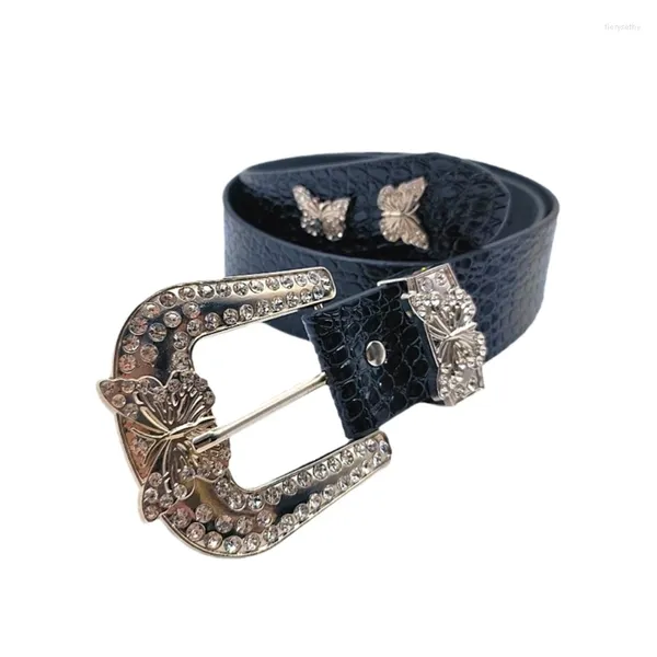 Cintos Blingbling Rhinestones Belt Jean Men Waist Freshes Butterfly Buckle Y1ua