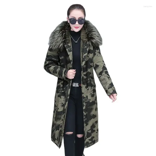 Trench da donna Bella inverno Over -Coat Women Aggiungi fodera in velluto mantieni parco caldi femminile camicia di camouflage lungo 4xlc1356