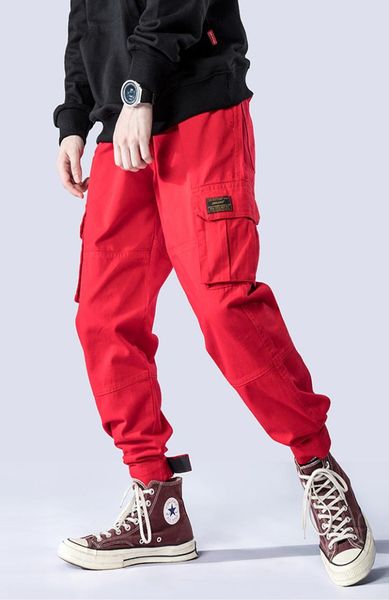 Fashion streetwear uomini jeans harem pantaloni giapponesi pantaloni cargo tascabili ombre rosso sciolto fit hip hop joggers pantaloni men3390340