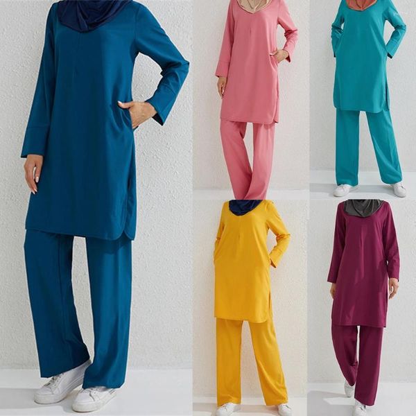 Etnik Giyim Müslüman Setler İki Parça Sonbahar Zarif Tam Kollu Bluz Geniş Bacak Pantolon Dubai Günlük Abaya Türkiye Kaftan Kadın Eşleştirme Seti