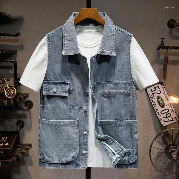 Herrenwesten 2024 Männer Frühling Sommertaschen ärmellose Denimjacke Männlich Streetwear Freizeit Weste MENS MENS SOLDOR Color Jean Weste Mantel D717