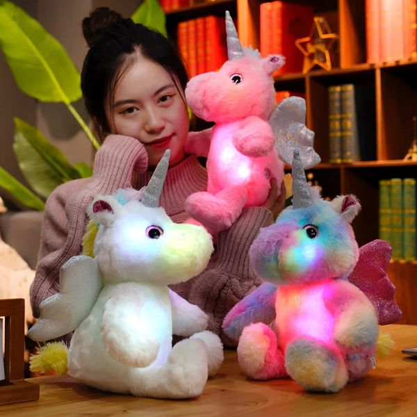 30 cm de alta qualidade unicórnio luminoso brinquedos de pelúcia kawaii Light Up Horse LED Toys Breathed Doll Kids Girl Christmas Gift 231222