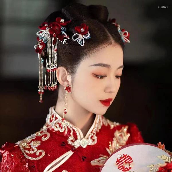 Clipes de cabelo acessórios de noiva de casamento chinês com pérolas com borla de flor vermelha e jóias de noiva.