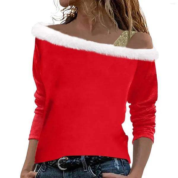 Blouses feminina Mulheres adequadas Bloiuuse impressão de natal Plexhfl off ombro de manga comprida camisa de jumper com tiras de inverno feminino tops soltos