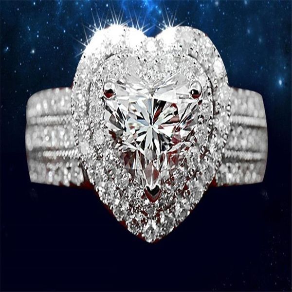 Anel de noivado de prata feminina em forma de coração de luxo anel de noivado inteiro e de varejo 5-12303H