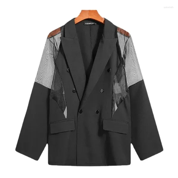 Ternos masculinos Men Blazer Mesh Patchwork Vie através de Streetwear Double Bressoted Lapeel Manga Longa Casual da moda