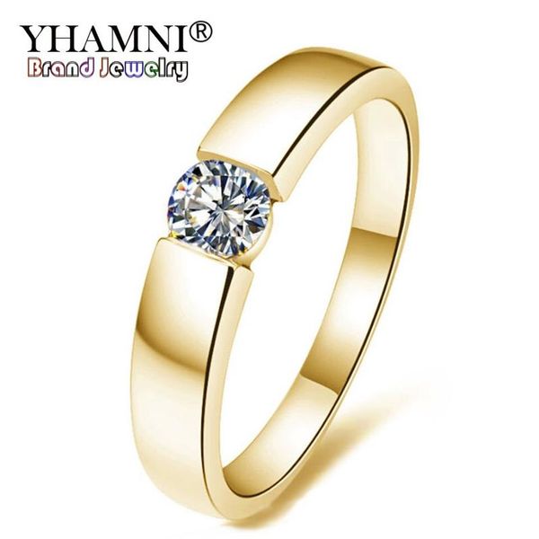 Yhamni Pure Gold Color Solitaire Zircon Ring Ring Jeia de casamento CZ Anéis para mulheres e homens Tamanho do anel 5-13 YMKR10291K
