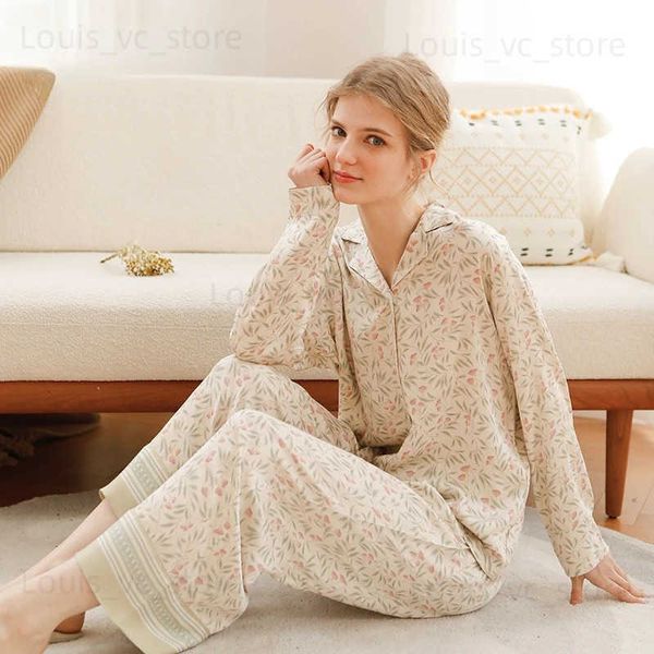 Frauen Nachtwäsche eleganter Blumendruck Baumwolle Langarm Frauen Pyjama Set für 2022 Frühling neueste Lilie der Valley NALLEWIEDOUSSOUSS SUITS T231223